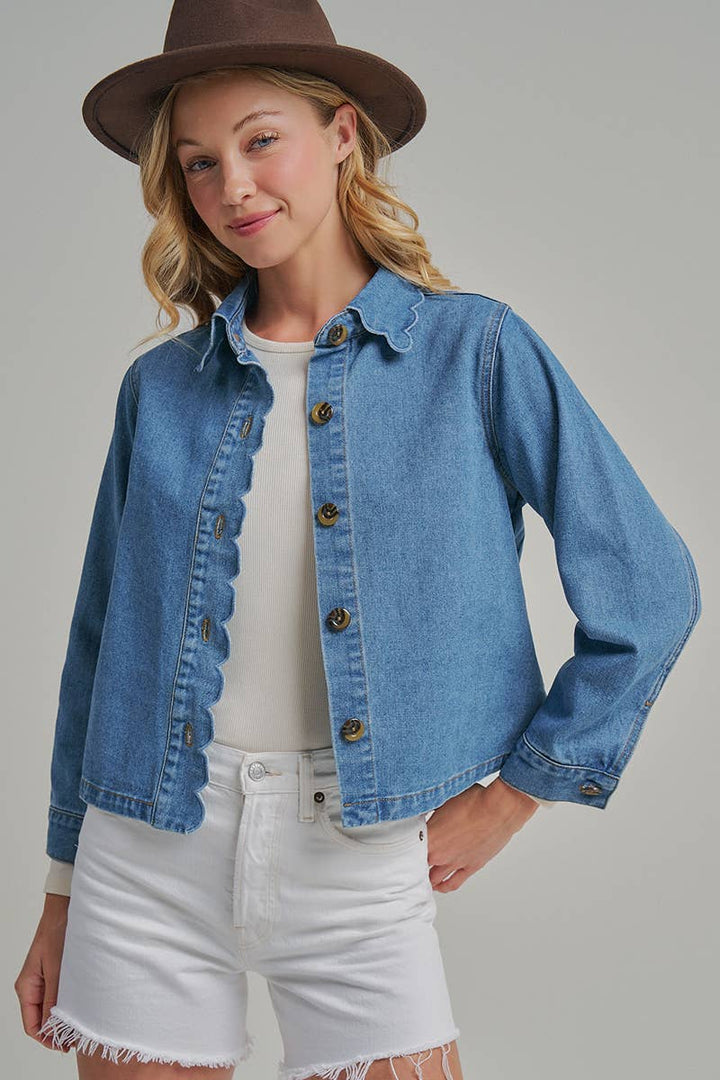 Denim Jacket With Scallop Embroidery Collar