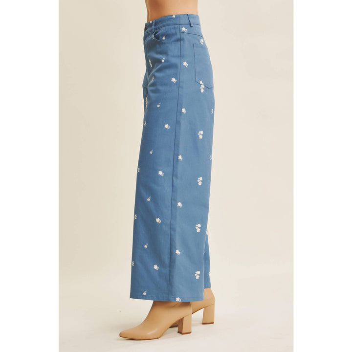 Embroidery Wide Leg Pants in Steel Blue