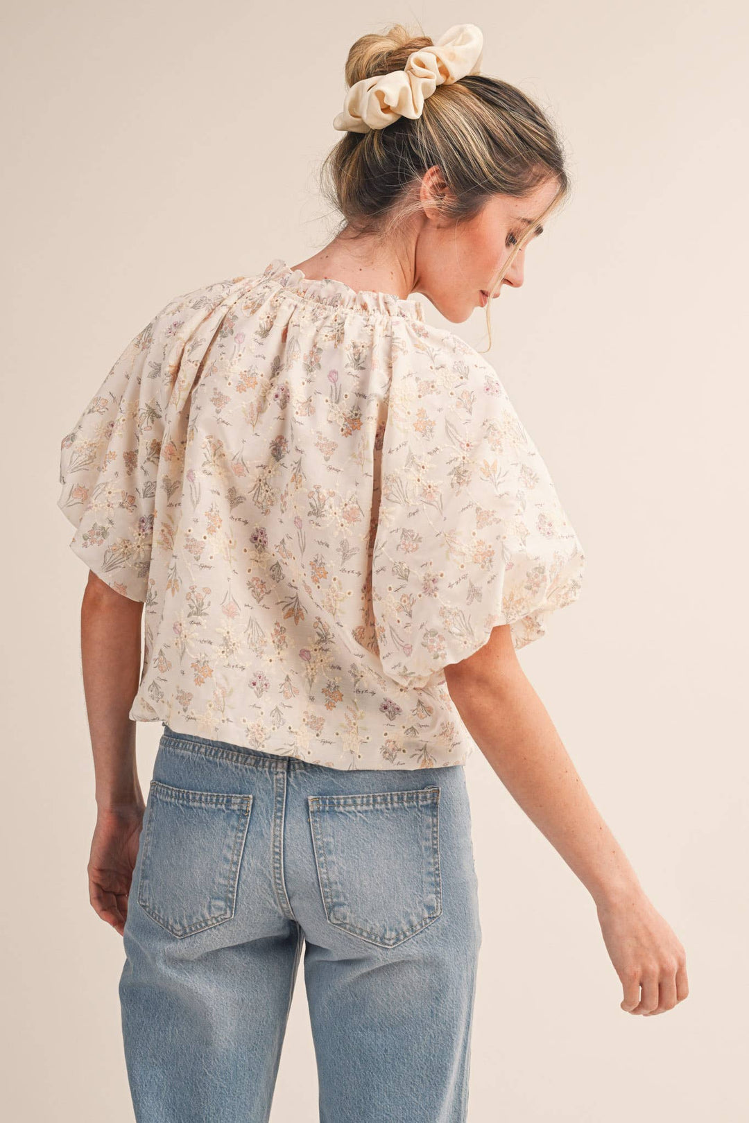 Ivory Floral Print Eyelet Bubble Top
