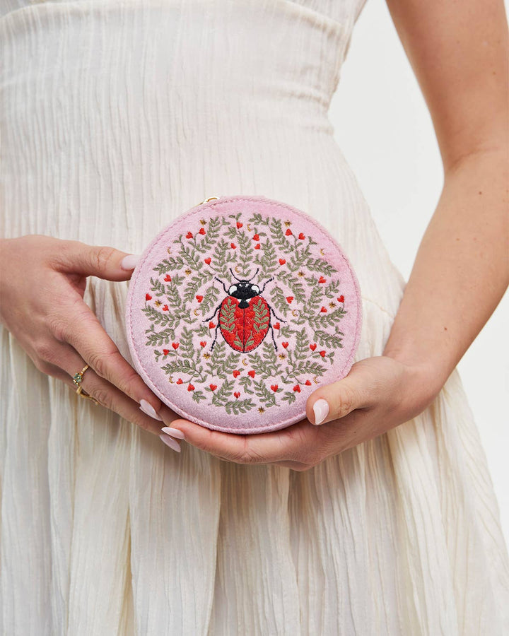 Ladybug Pink Velvet Embroidered Circle Jewelry Box