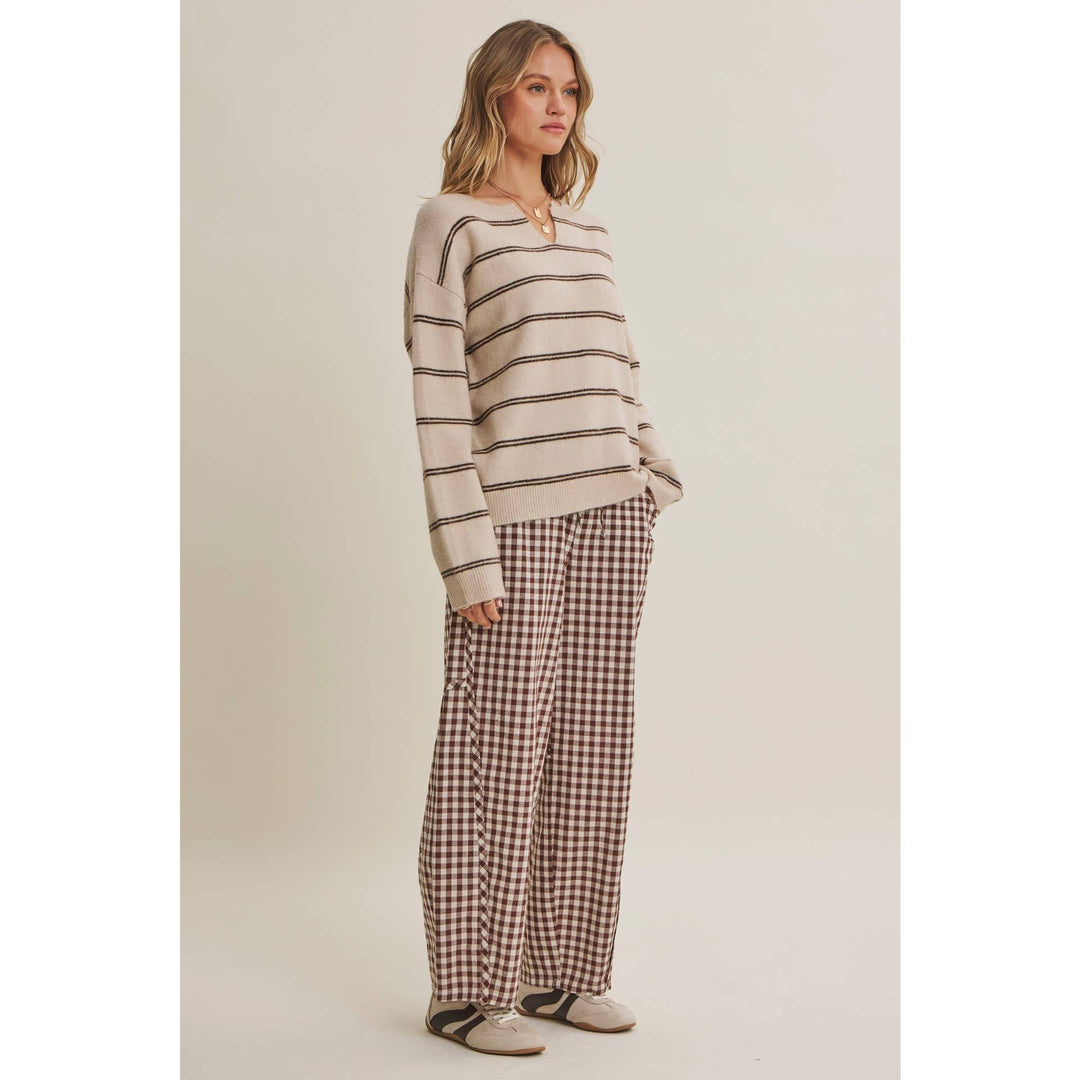 Relaxed Gingham Cotton Barrel Pants in Chocolate