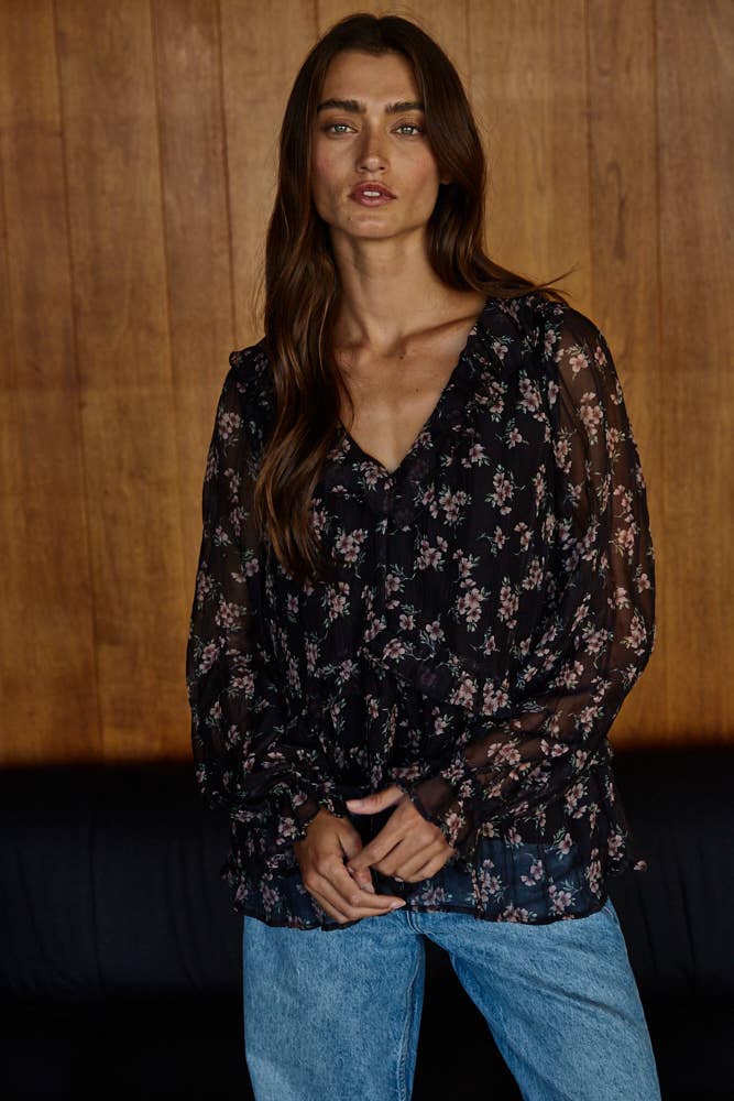 Ruffle Chiffon Black Floral Blouse