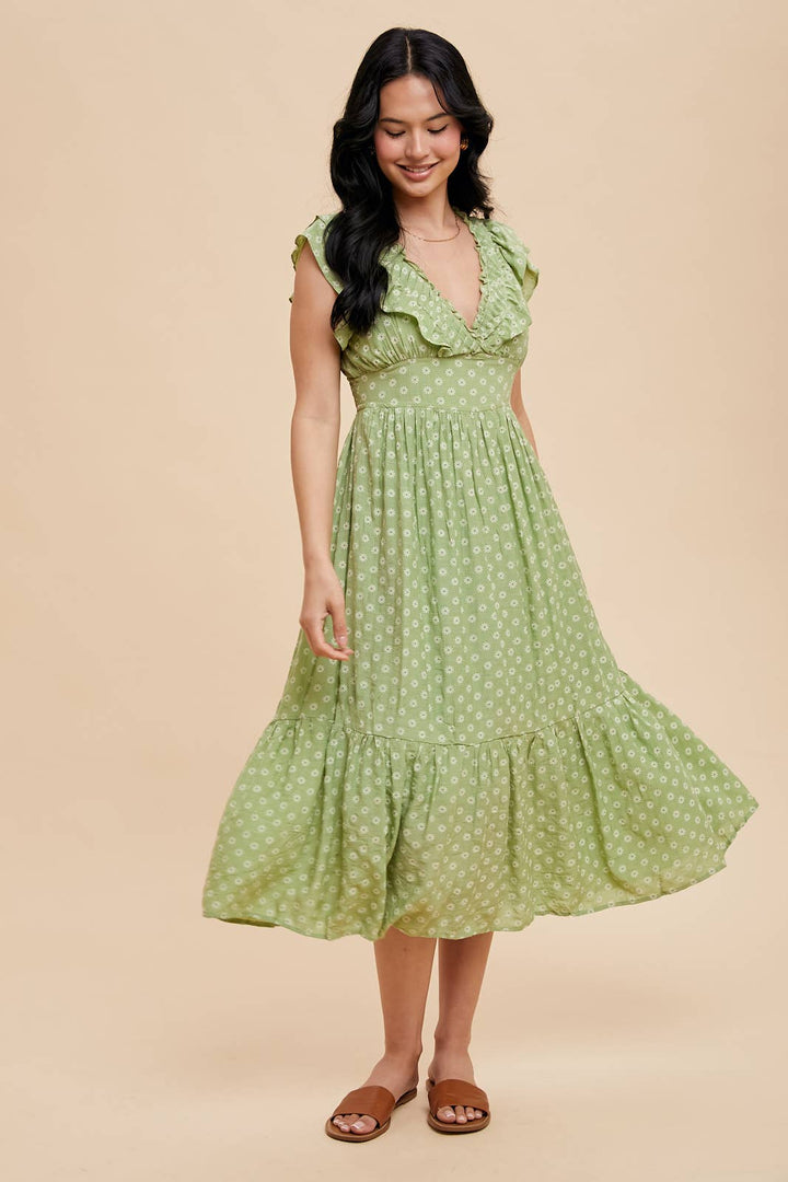Ruffle V-Neck Midi Dress in Green Tea