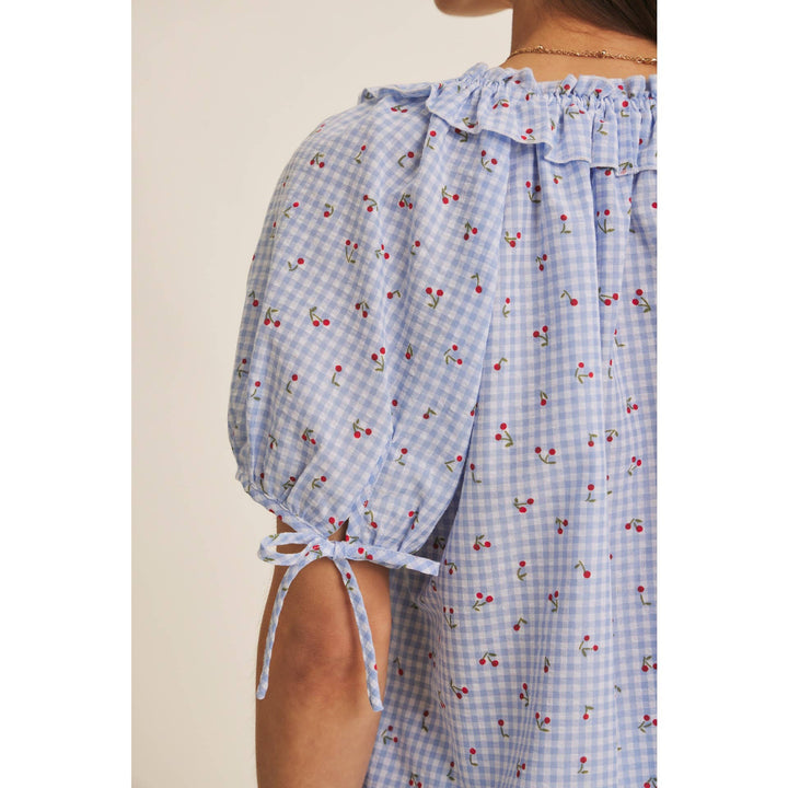 Summer Cherry Gingham Ruffled Blouse