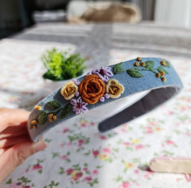 Brown Floral Embroidered Headband