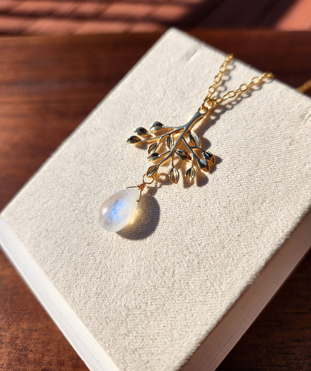Rainbow Moonstone Gold Tree Branch Necklace