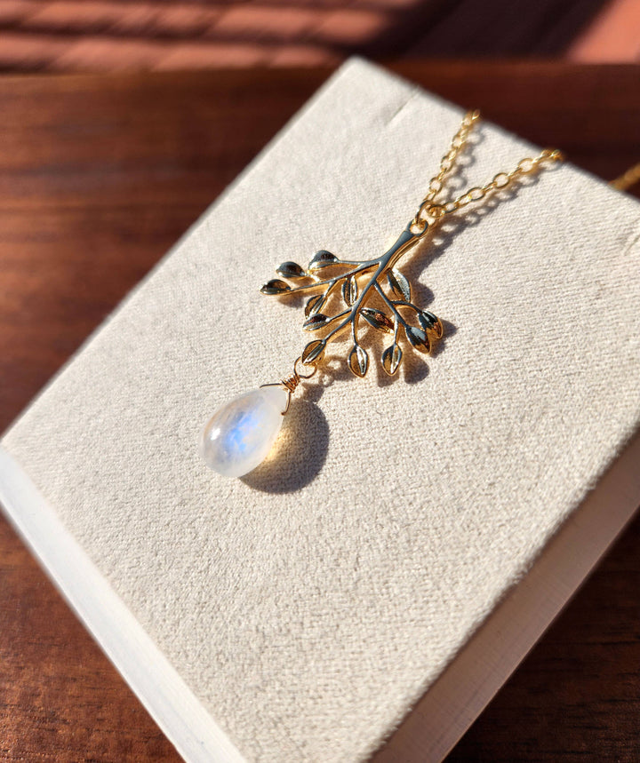 Rainbow Moonstone Gold Tree Branch Necklace