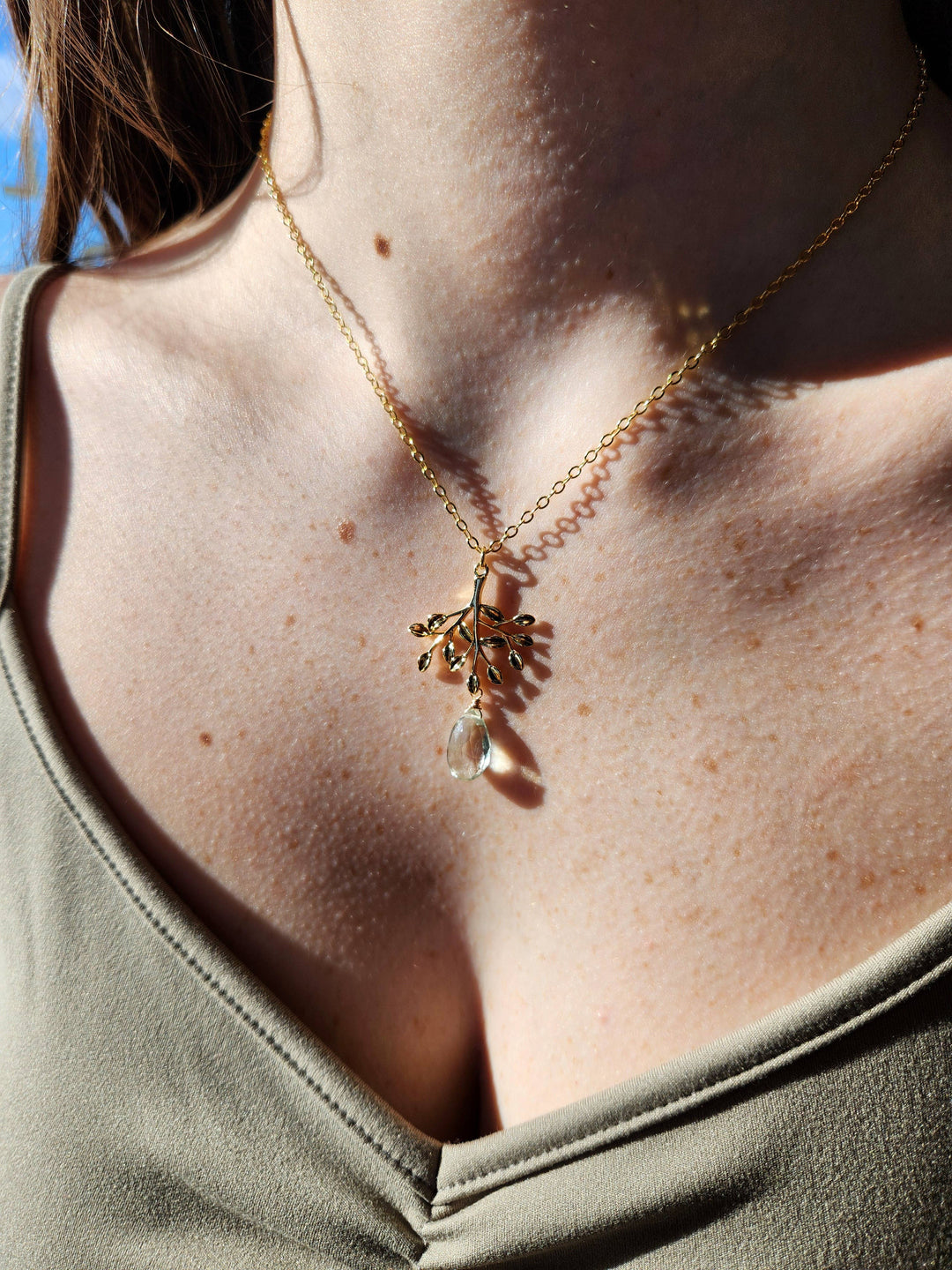Green Amethyst Gold Tree Pendant Necklace