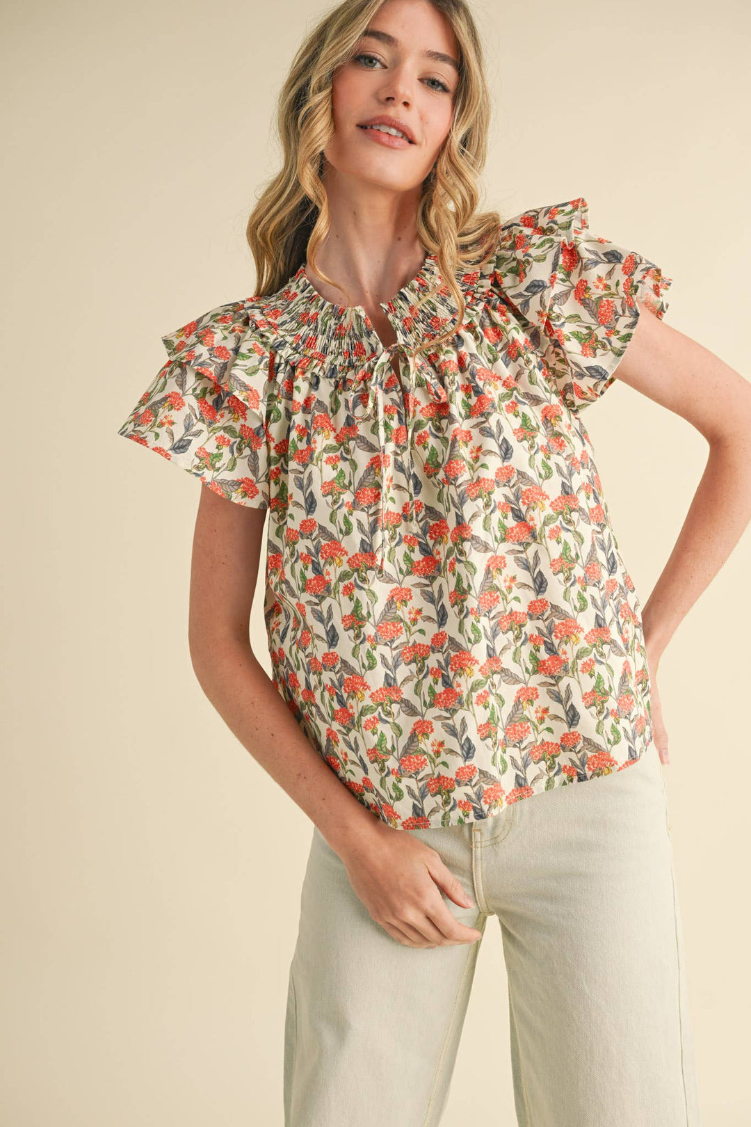 Floral Flutter Sleeve Smocked Top in Ivory