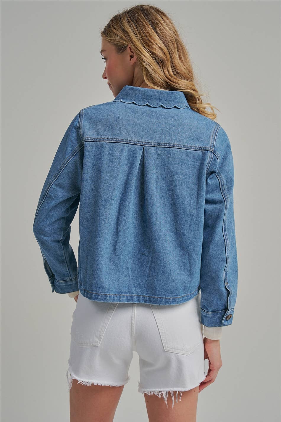 Denim Jacket With Scallop Embroidery Collar