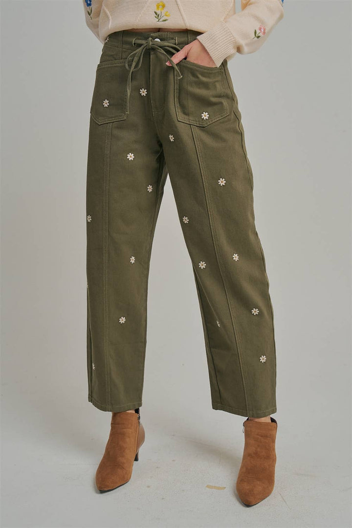 Floral Embroidered Slight Barrel Shaped Relaxed Pants