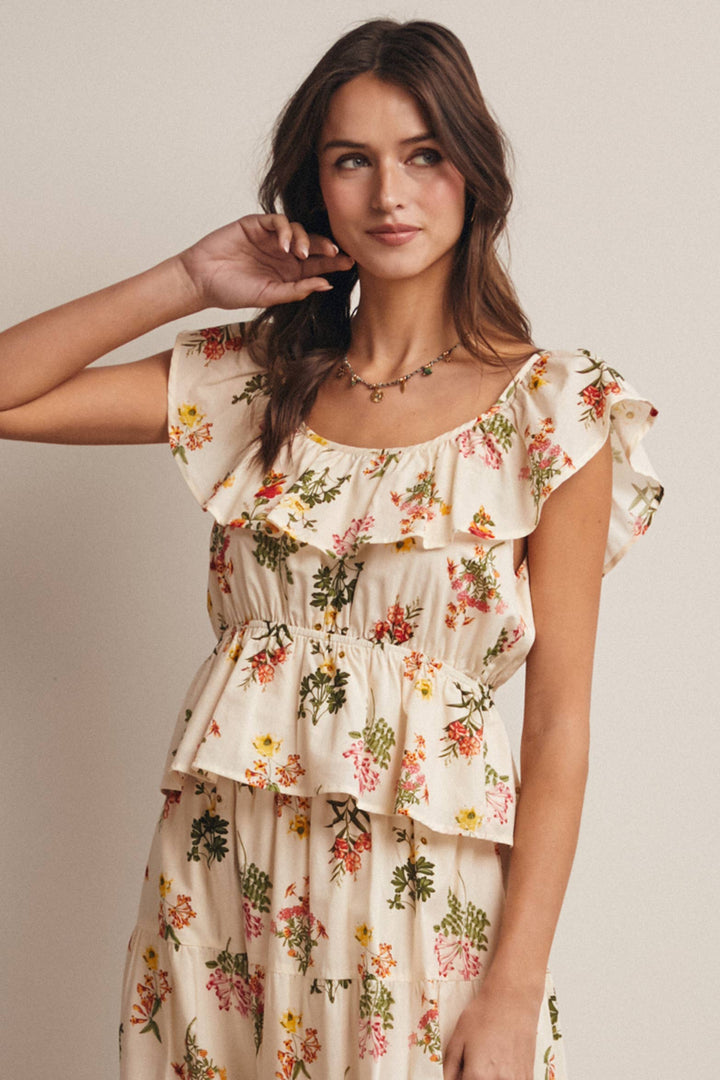 Floral Ruffle Neck Cotton Blouse