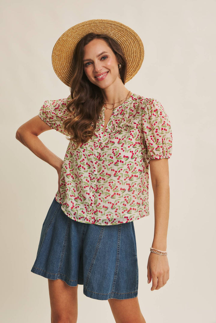 Cherry Puff Sleeve Button Down Blouse