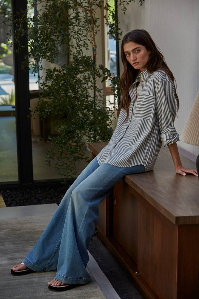 Blue Stripe Button Front Long Sleeve