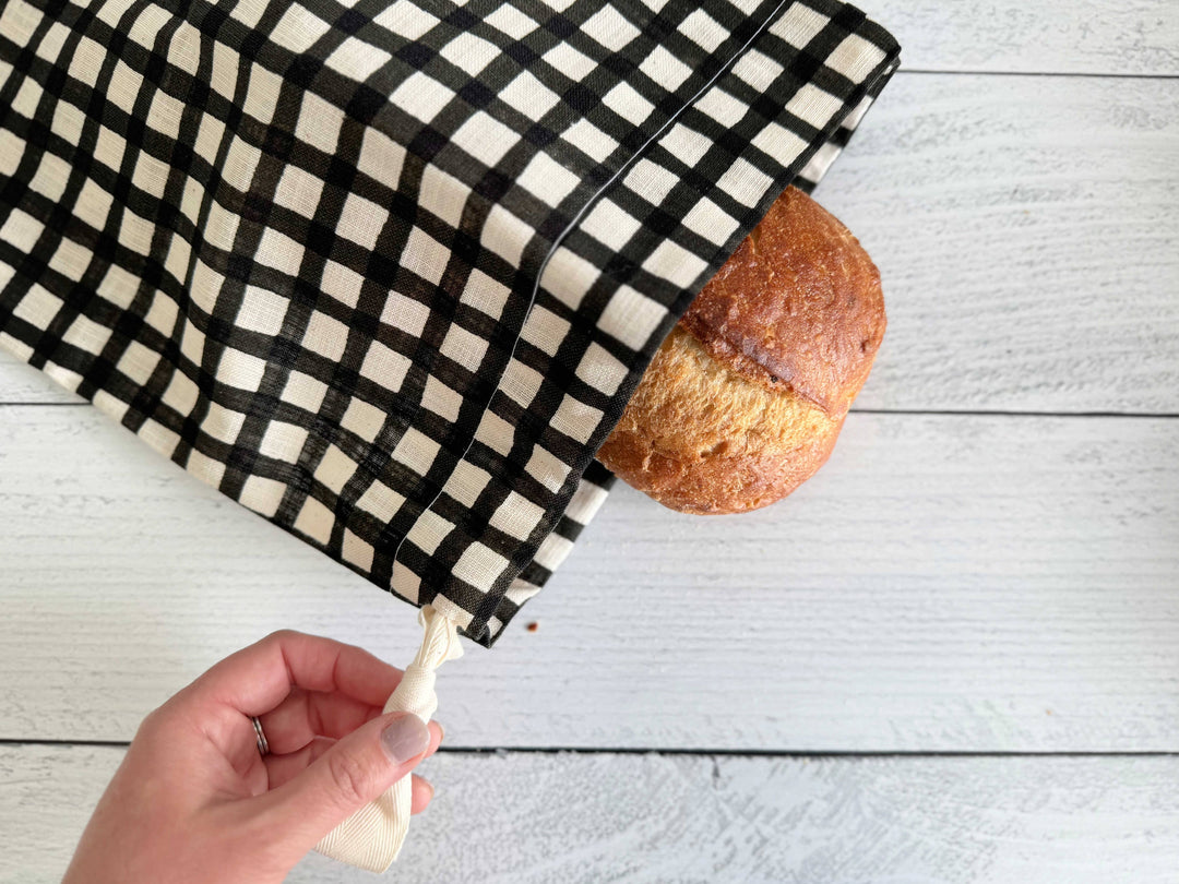 Black Grid Linen Bread Bags, set of two