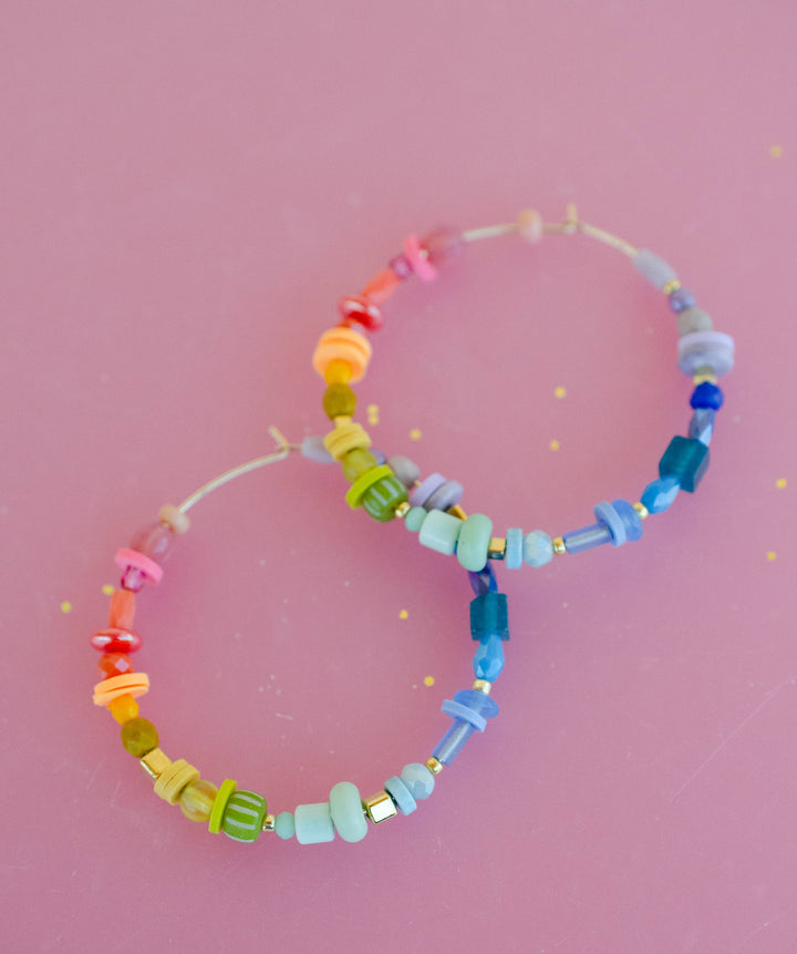 Rainbow Beaded Large Hoop Earrings
