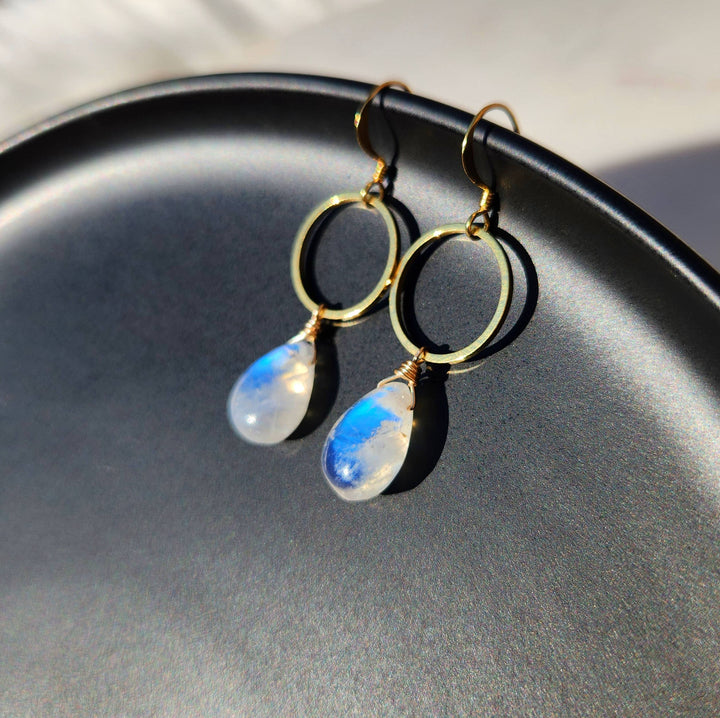 Smooth Rainbow Moonstone Large Teardrop Circle Earrings