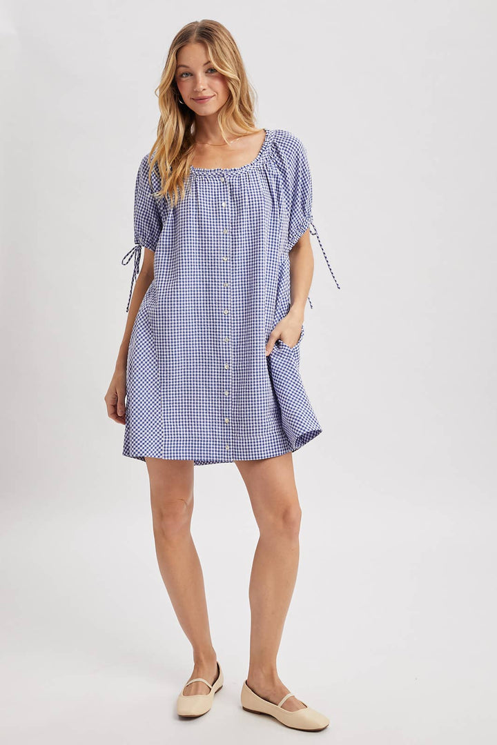 Gingham Button-Up Mini Dress