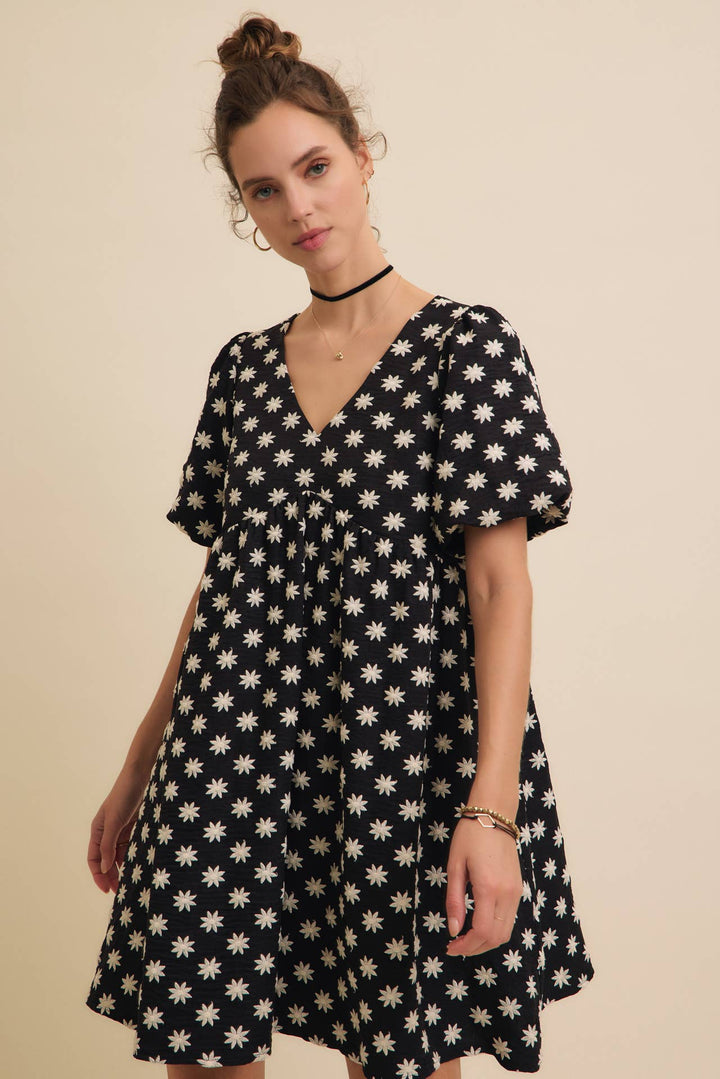Embroidered Mini Dress with Puff Sleeves and Pockets