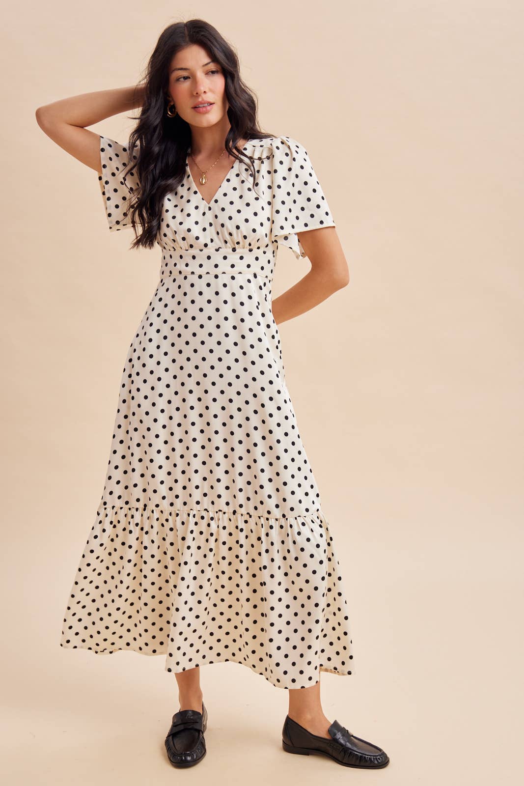 Polka Dot Flutter Sleeve Maxi Dress in Creme
