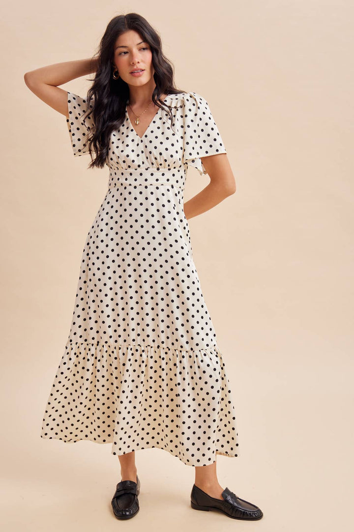 Polka Dot Flutter Sleeve Maxi Dress in Creme