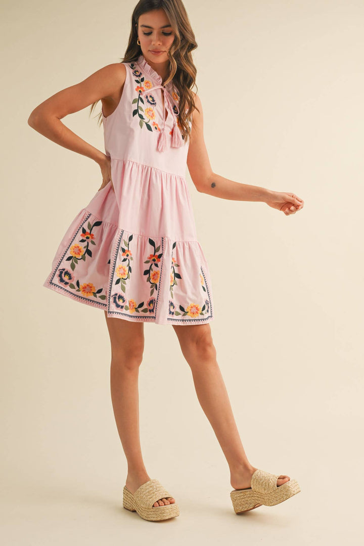 Pink Embroidered Mini Dress