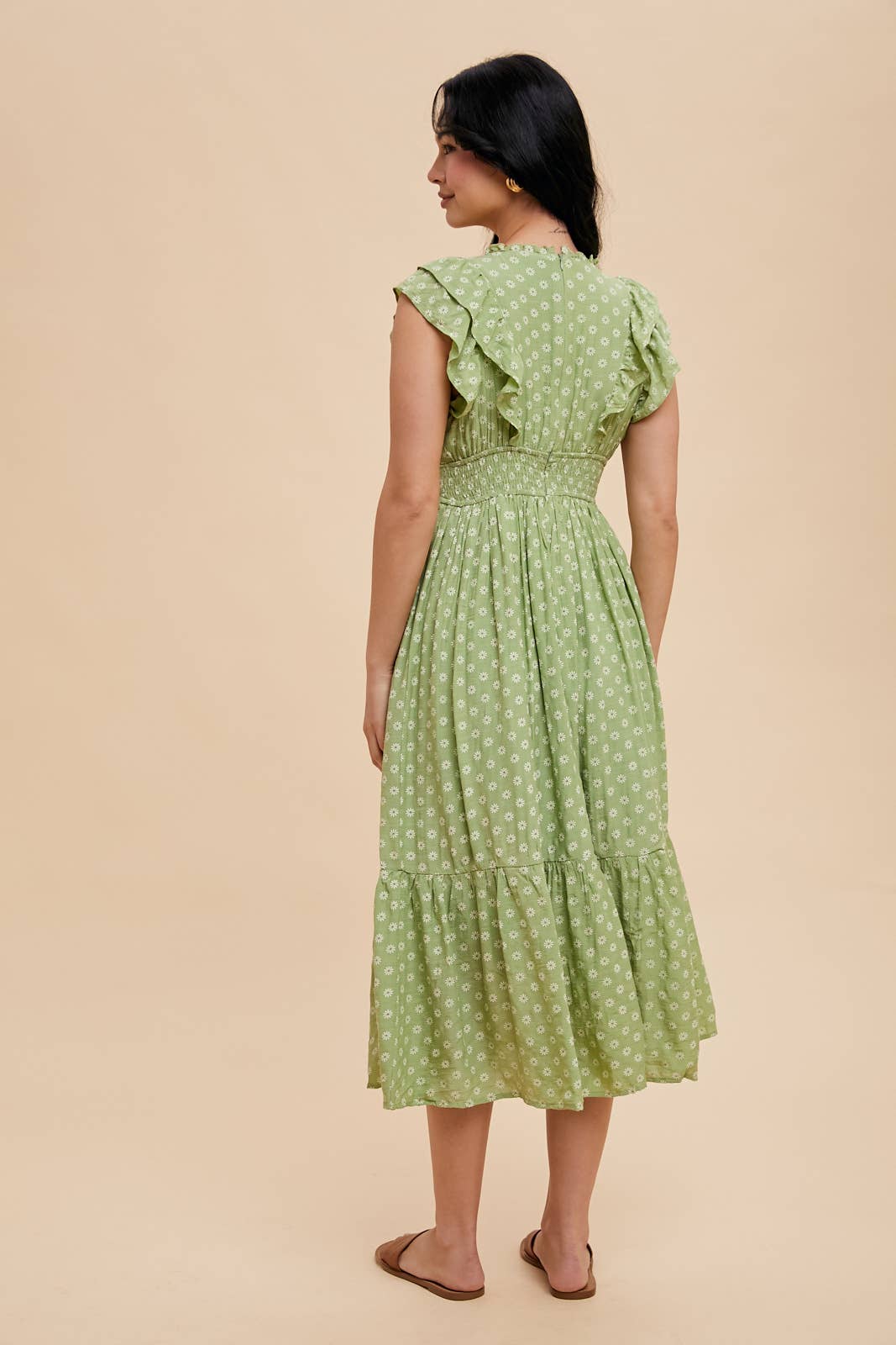 Ruffle V-Neck Midi Dress in Green Tea