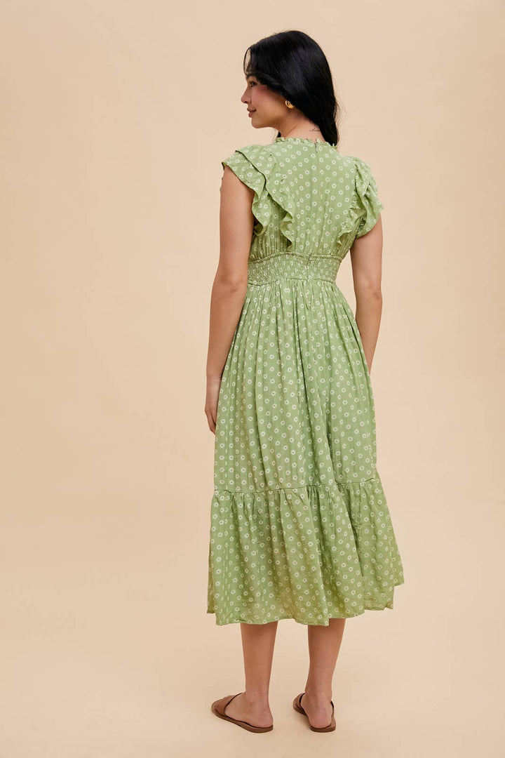 Ruffle V-Neck Midi Dress in Green Tea