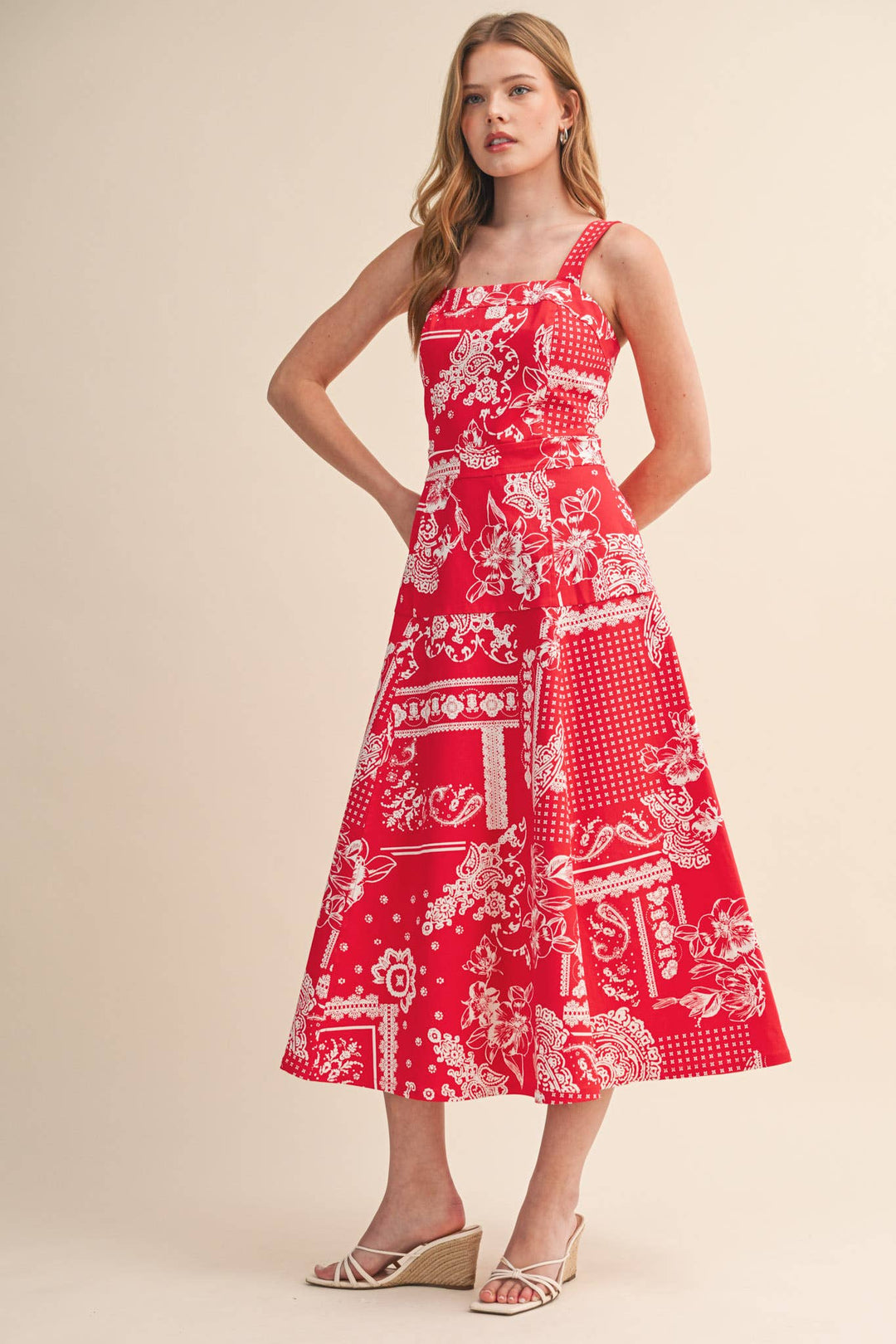 Floral Paisley Print Midi Dress in Red