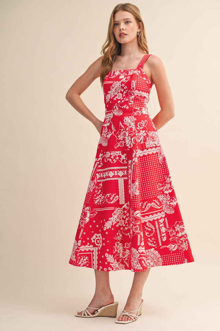 Floral Paisley Print Midi Dress in Red