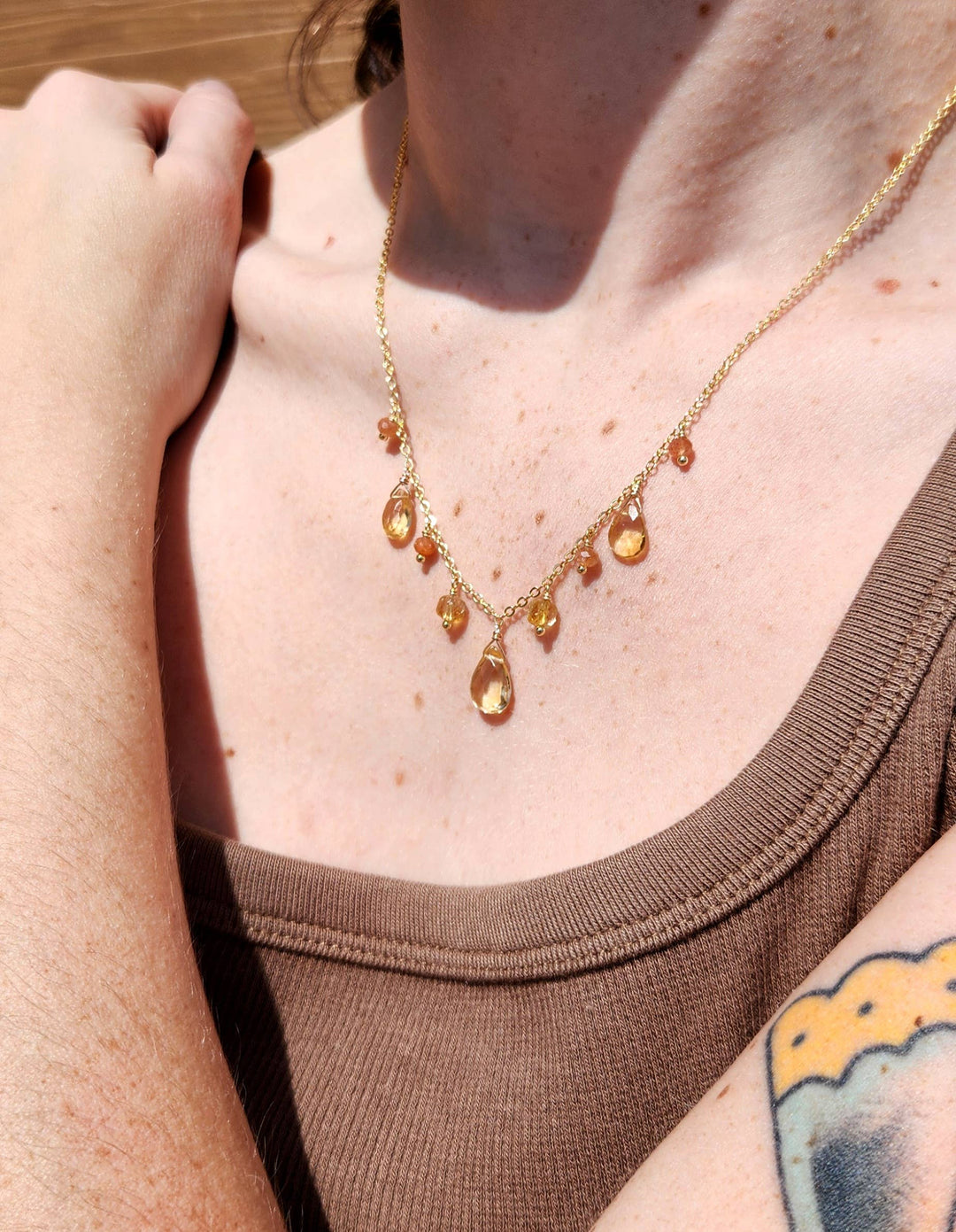 Citrine and Sunstone Gold Goddess Fringe Necklace