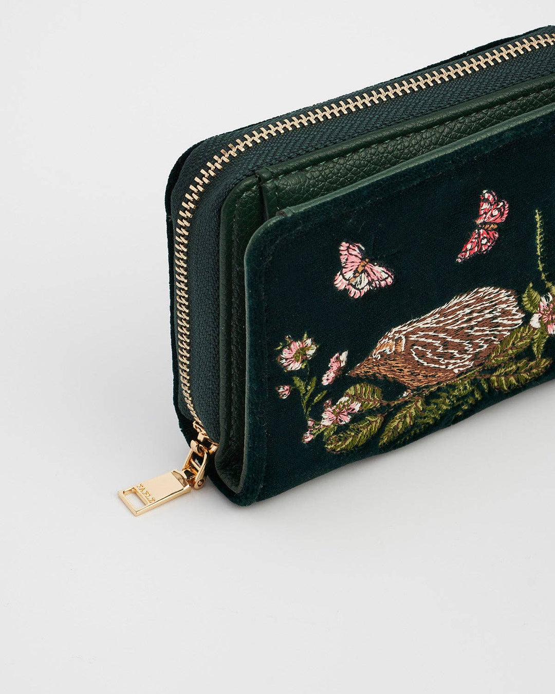 Hedgehog Embroidered Small Wallet in Forest Green Velvet
