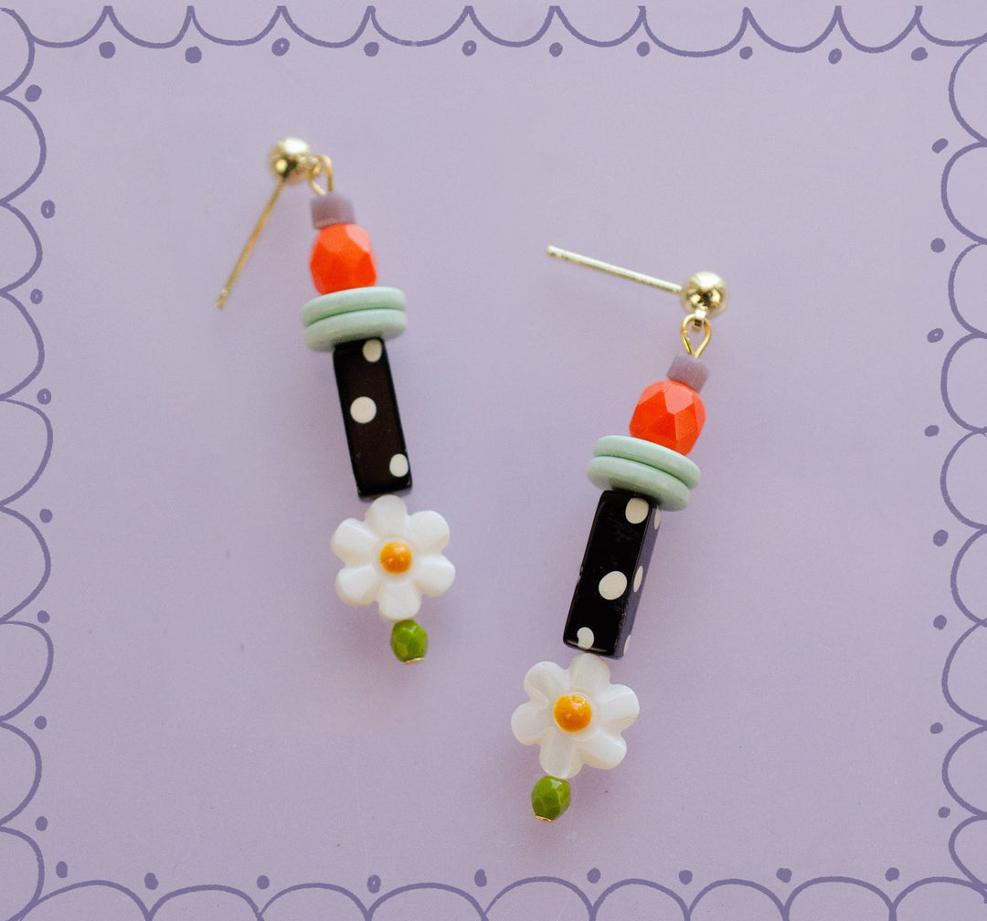 Petal Earrings, Black &amp; White Polka Dots