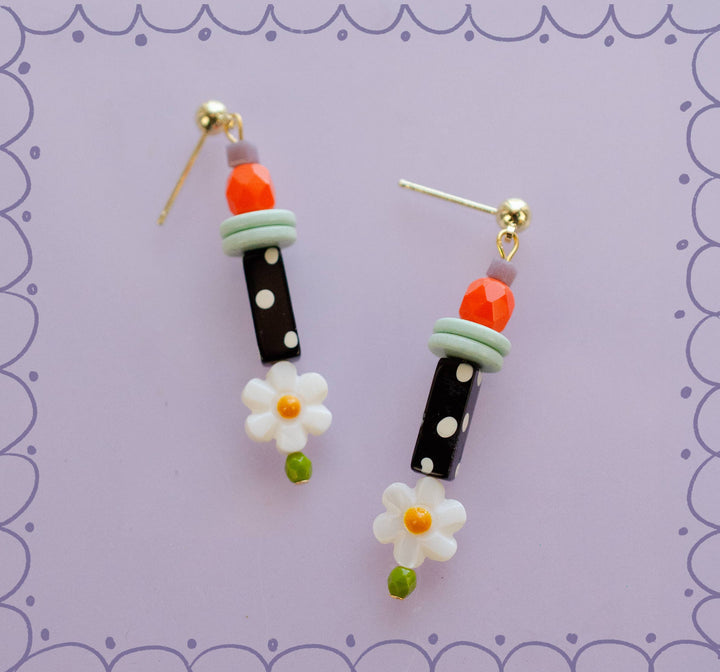 Petal Earrings, Black &amp; White Polka Dots