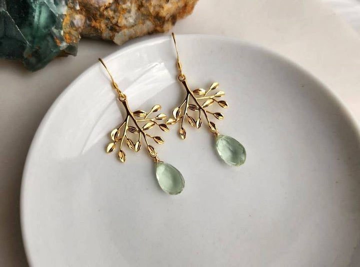 Green Amethyst Gold Tree Earrings