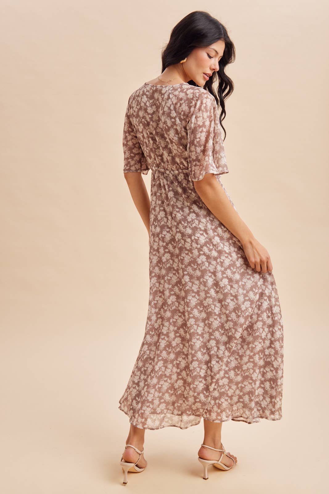 Flutter Sleeve Floral Maxi in Dark Taupe