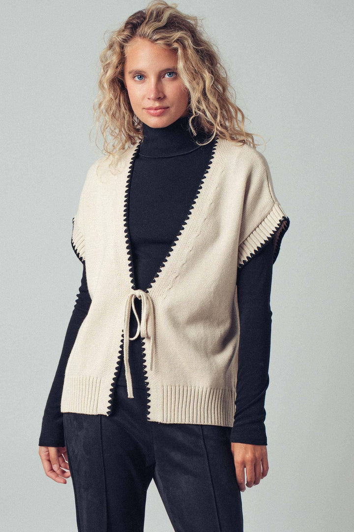 Crochet Trim Tie Front Knit Vest- 2 Colors