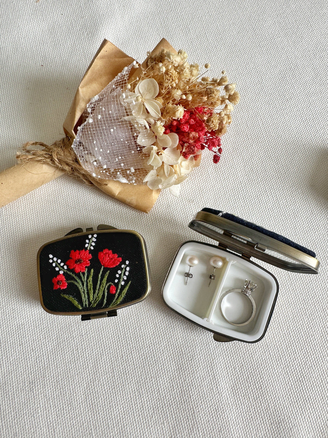 Floral Embroidered Rectangle Mini Jewelry Box With Mirror, 5 Styles