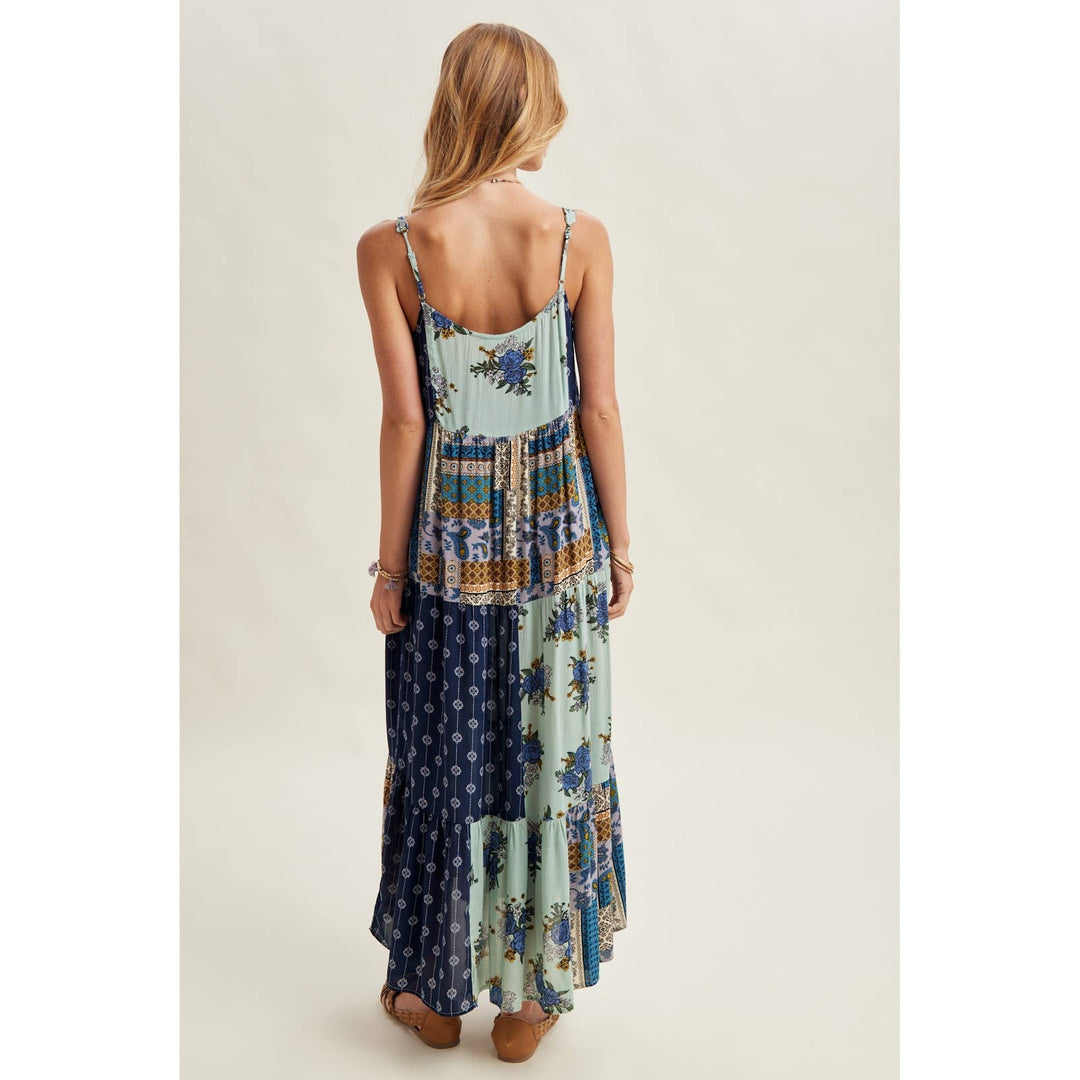 Patchwork Print Tiered Midi Dress