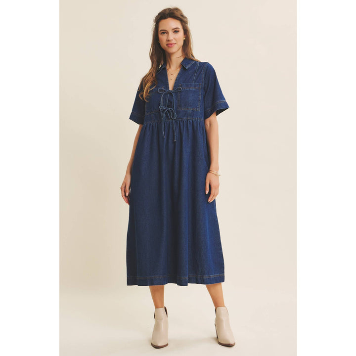 Dark Denim Washed Babydoll Midi Dress with Bow