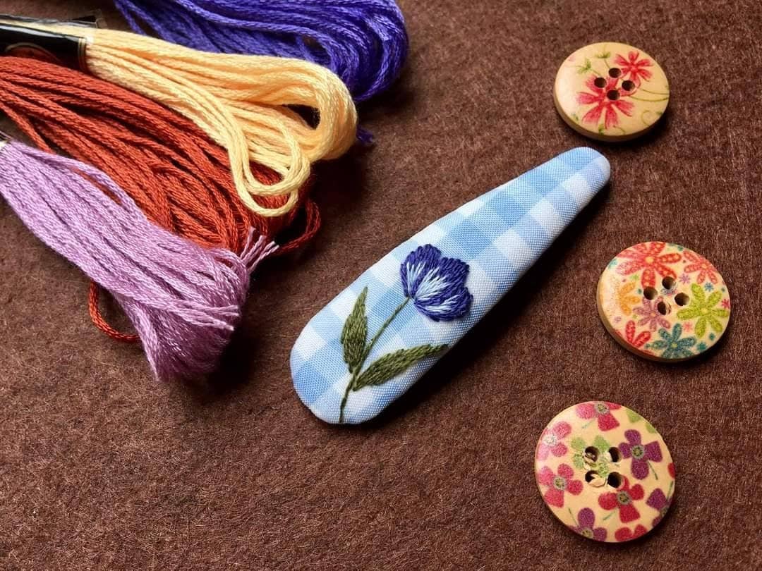 Blue Tulip Embroidered Barrette