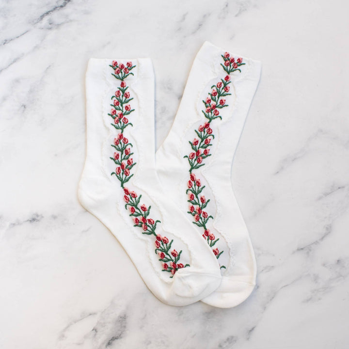 Antique Tulip Flower Socks in White