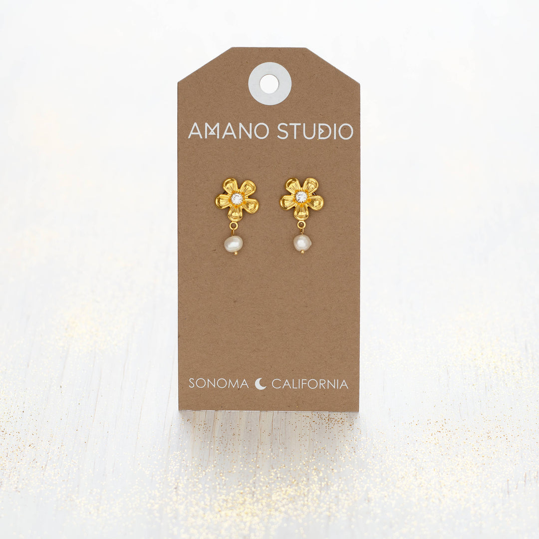 Flower and Pearl  Stud Earrings
