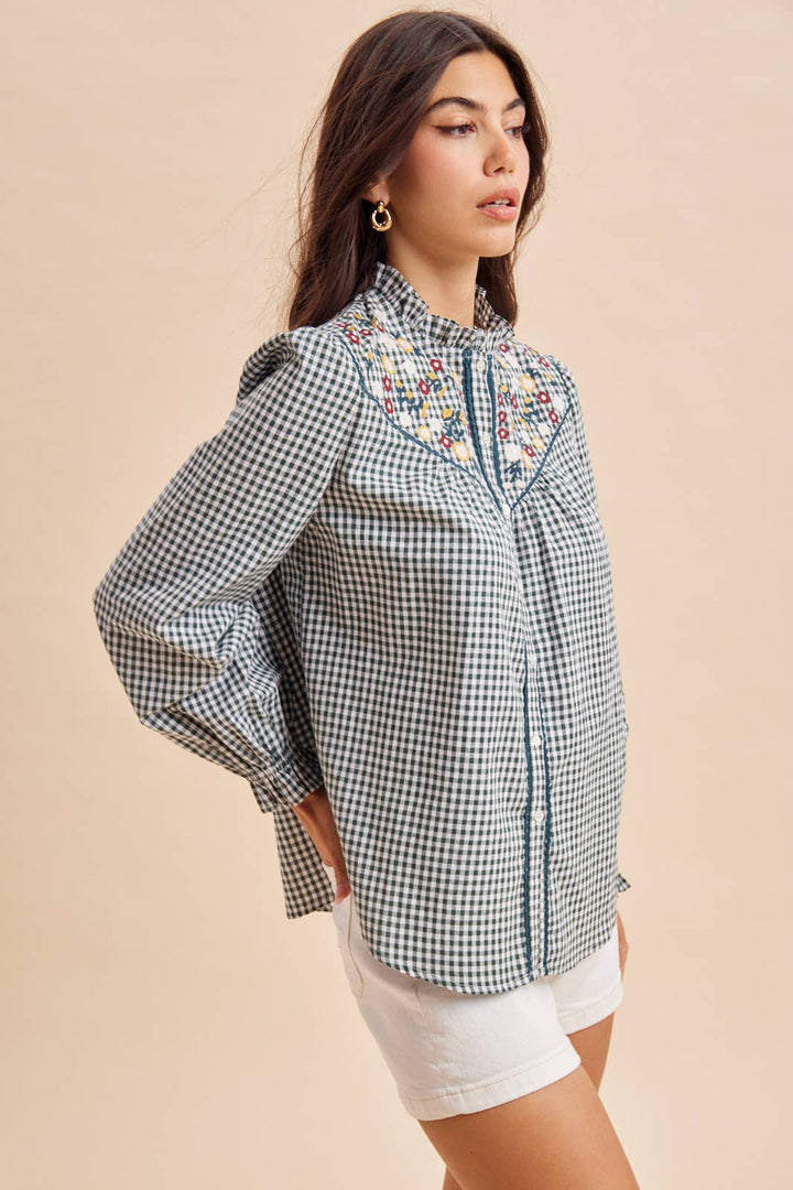 Embroidered Button Down in Dark Forest Green