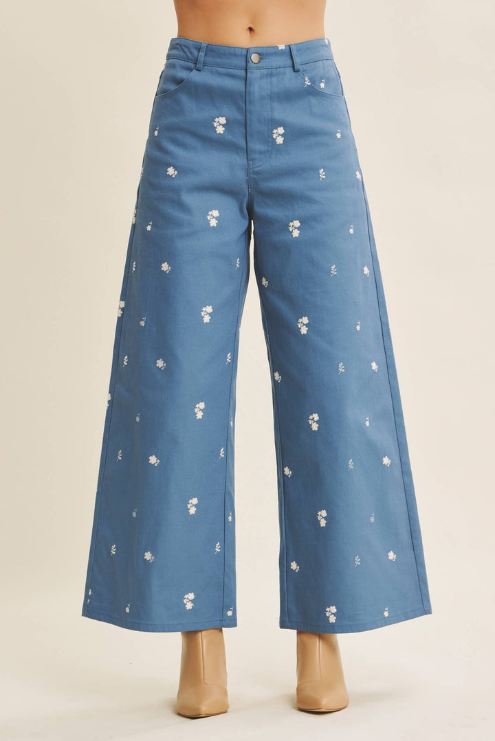 Embroidery Wide Leg Pants in Steel Blue