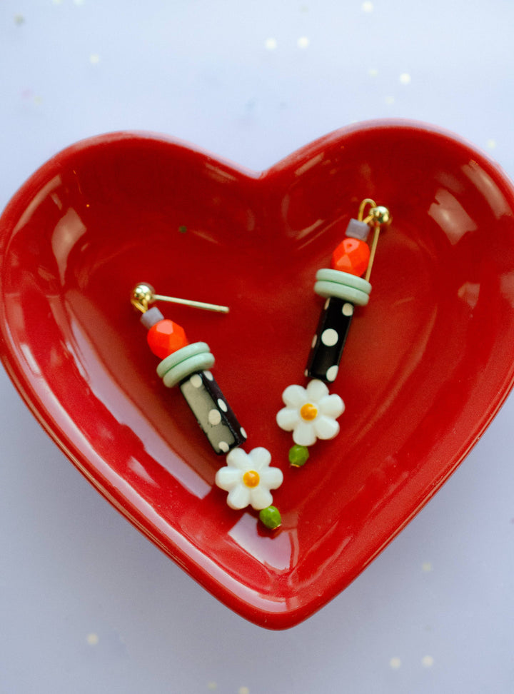 Petal Earrings, Black &amp; White Polka Dots