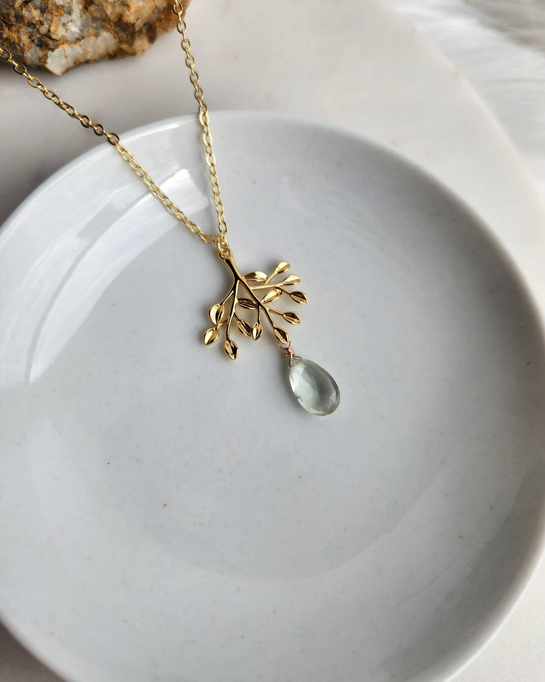 Green Amethyst Gold Tree Pendant Necklace