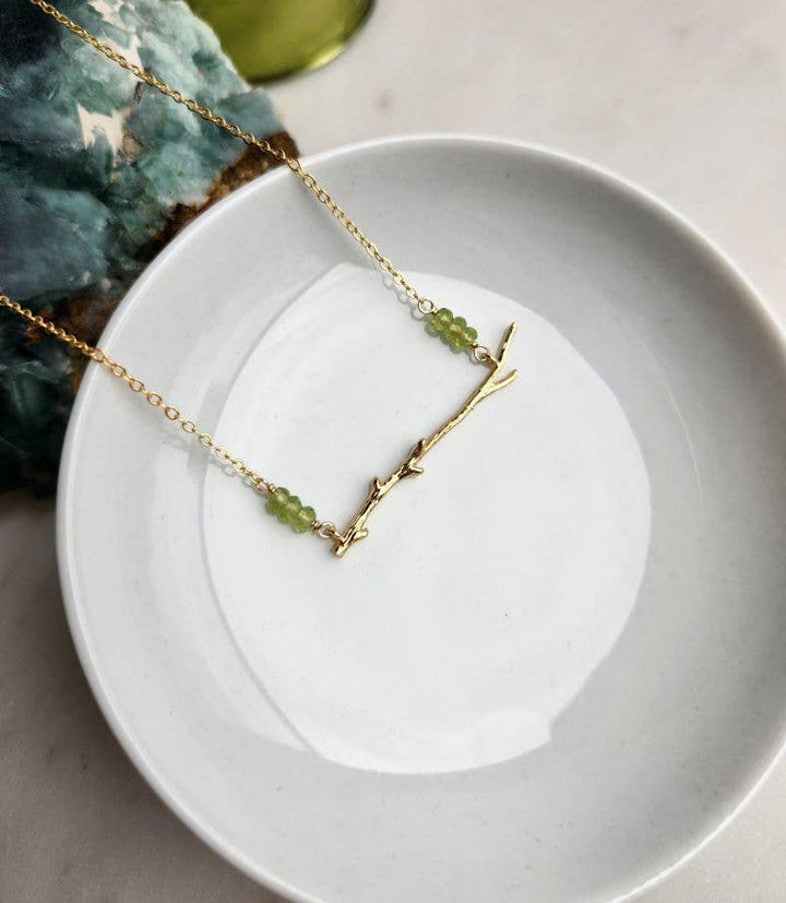 Gold Thin Branch and Peridot Necklace