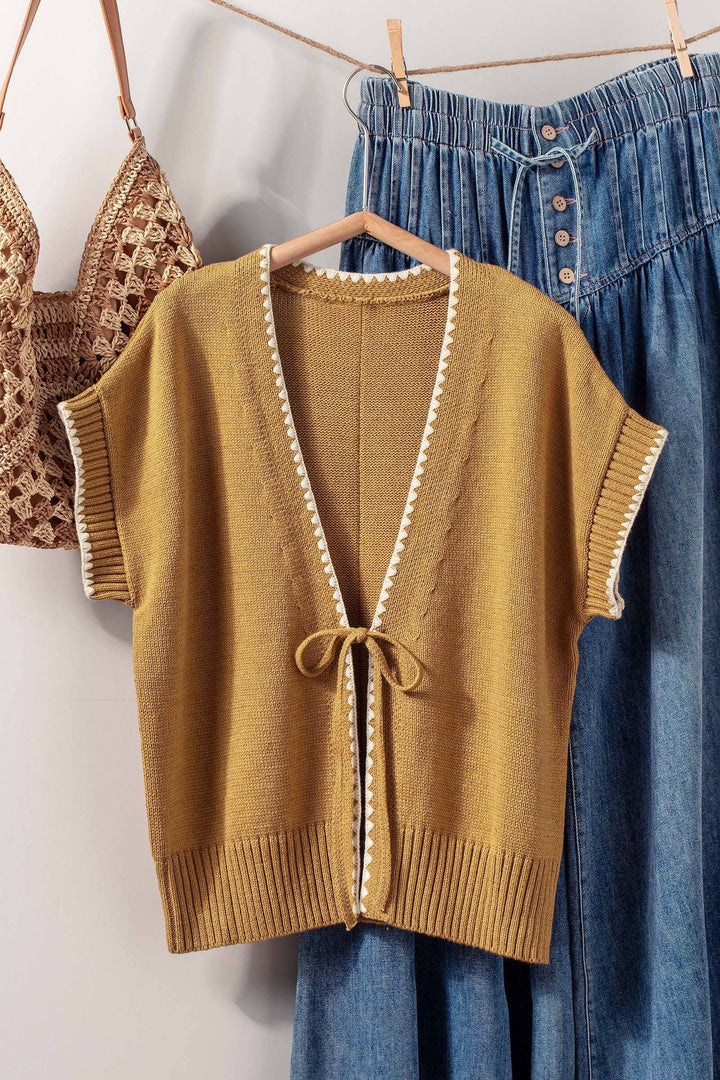 Crochet Trim Tie Front Knit Vest- 2 Colors