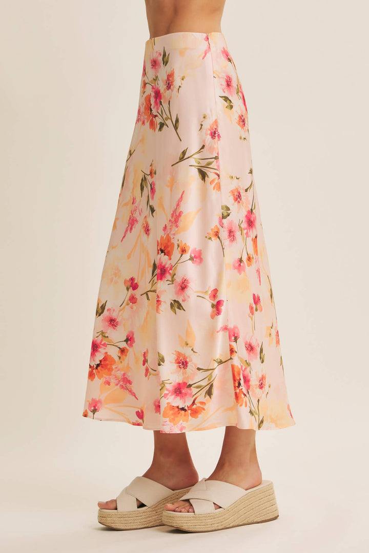 Floral Satin Bias Midi Skirt